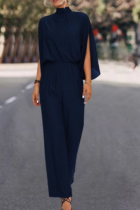 Tie Back Mock Neck Split Sleeve Jumpsuit Dark Navy