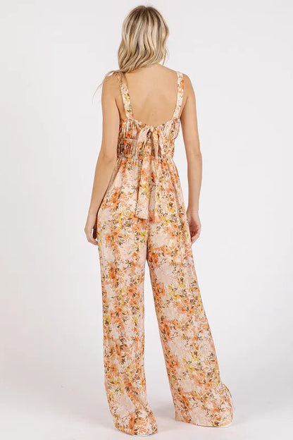 Mittoshop Flower Print Gathered Bust Sleeveless Jumpsuit