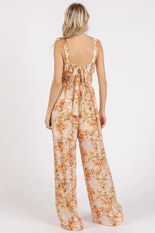 Mittoshop Flower Print Gathered Bust Sleeveless Jumpsuit