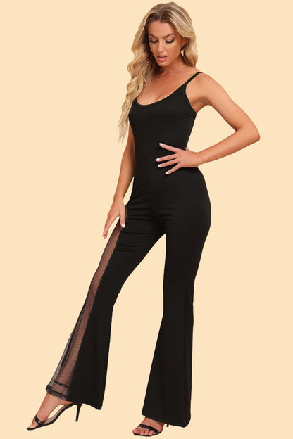 Spliced Mesh Spaghetti Strap Jumpsuit Black