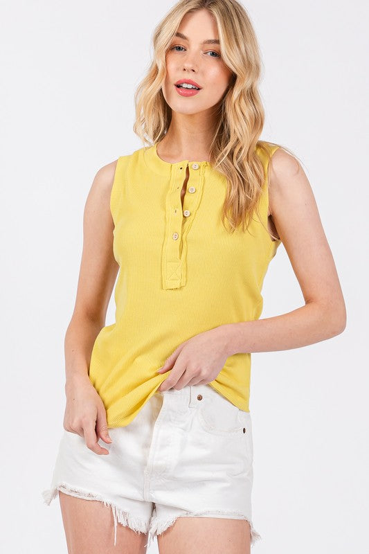 Ces Femme Stitch Detail Half Button Ribbed Tank Yellow