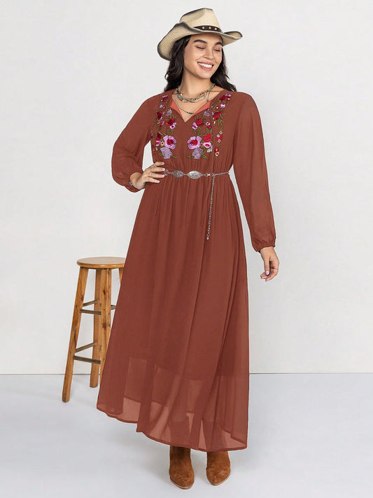 Plus Size Embroidered Tie Neck Long Sleeve Dress Chestnut
