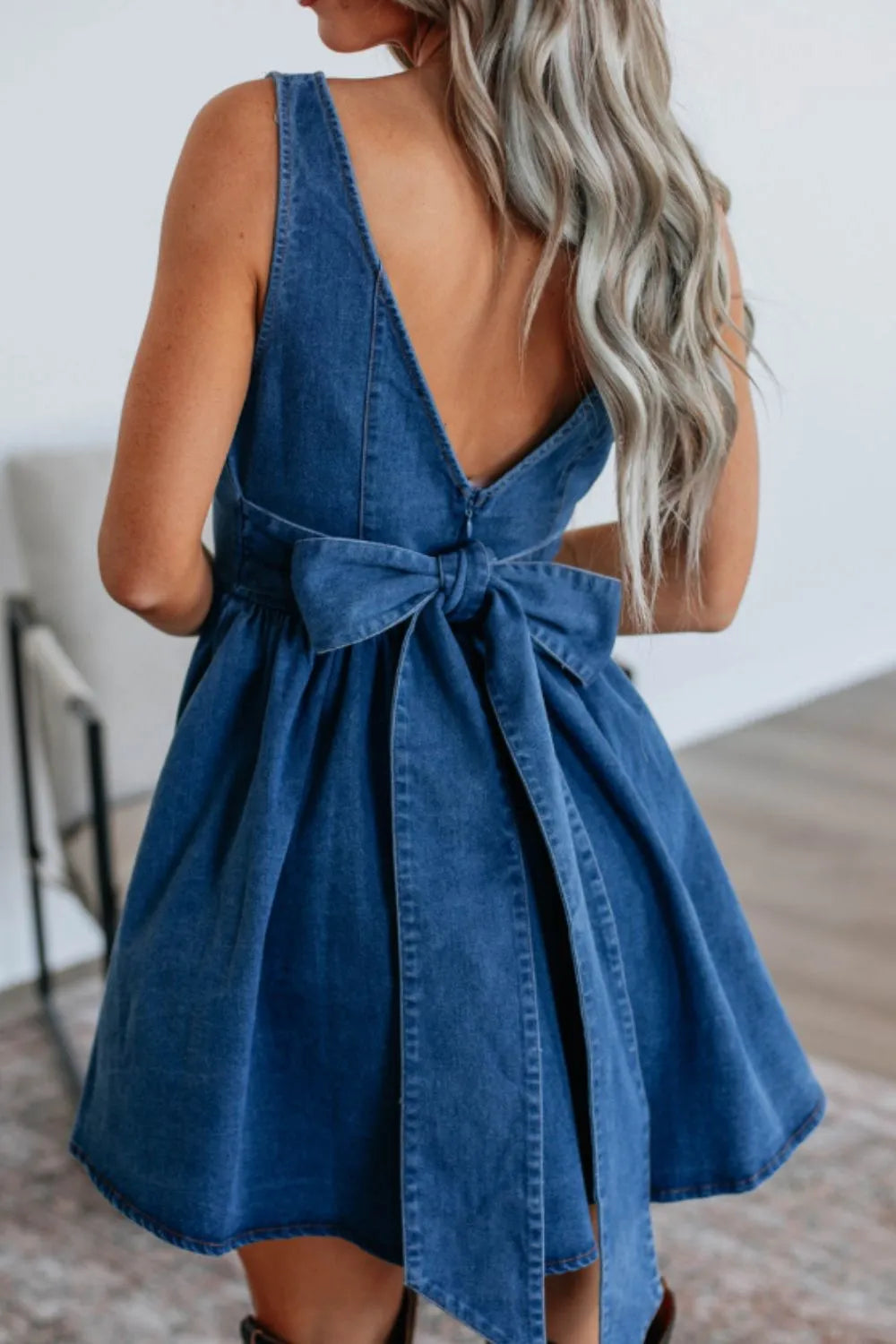 V-Back Bow Tie Denim Skater Dress
