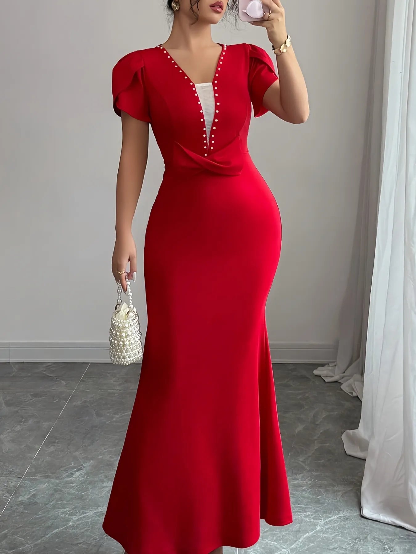 Petal Sleeve Mermaid Maxi Dress Red