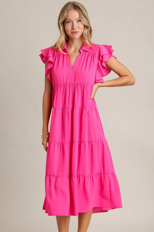 Umgee Full Size Johnny Collar Ruffle Cap Sleeve Tiered Dress Plus Size Hot Pink
