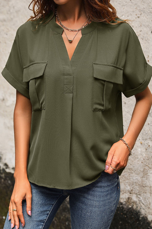 Perfee Pocketed Notched Short Sleeve Blouse Matcha Green
