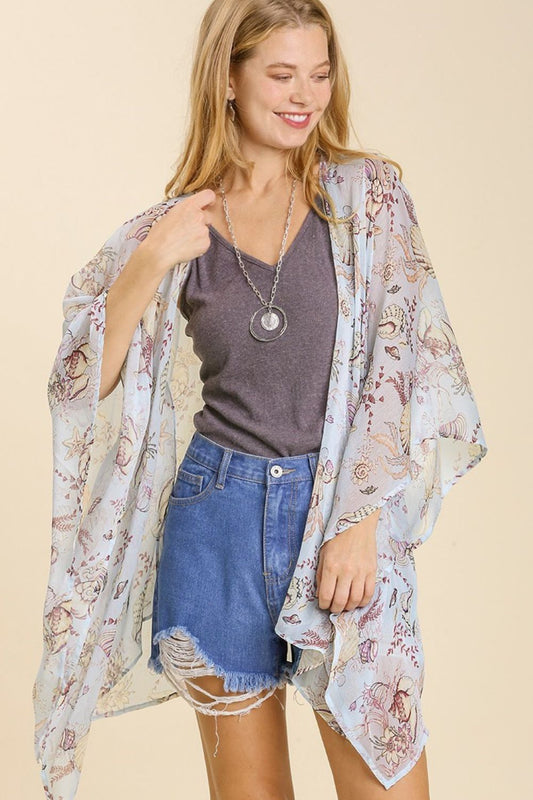 Umgee Full Size Sheer Mixed Print Kimono with Side Slit Plus Size Light Blue