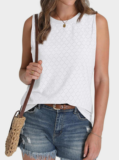 Florira Eyelet Round Neck Tank White