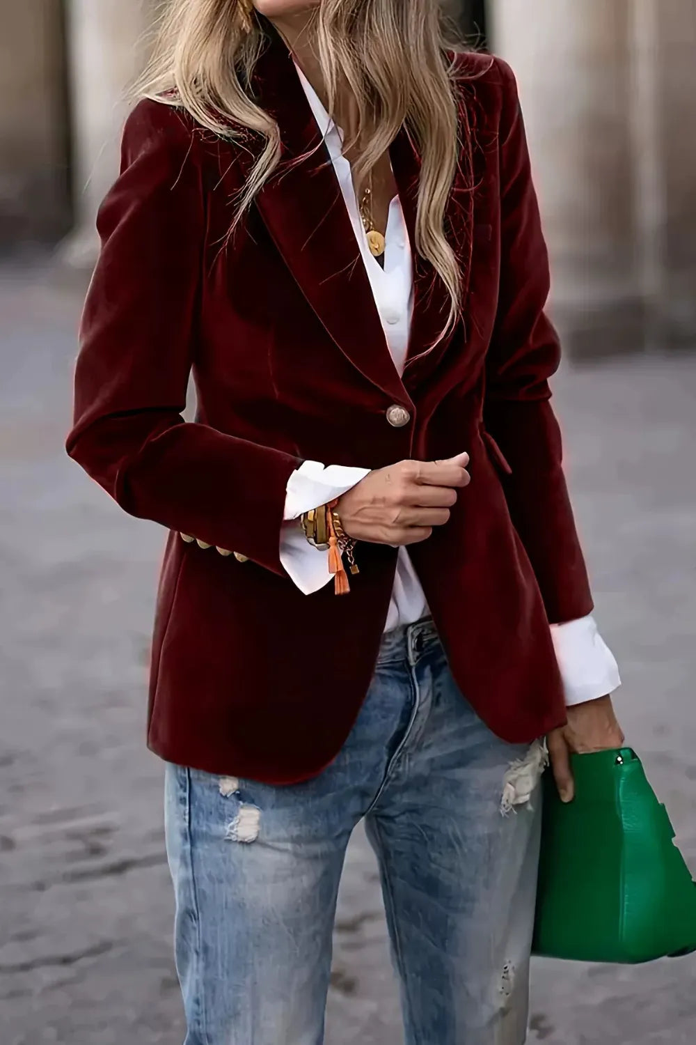 Lapel Collar One Button Blazer Burgundy