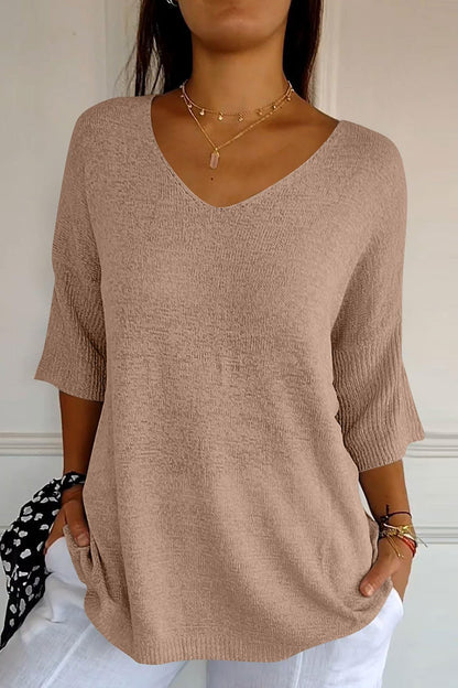 V-Neck Three-Quarter Sleeve Knit Top Tan One Size