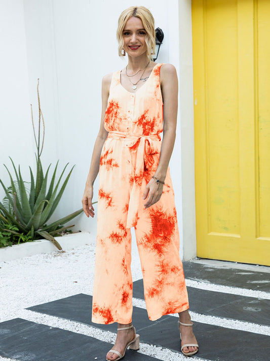 Ivy Lane Tie-Dye Tie Waist Sleeveless Jumpsuit Orange