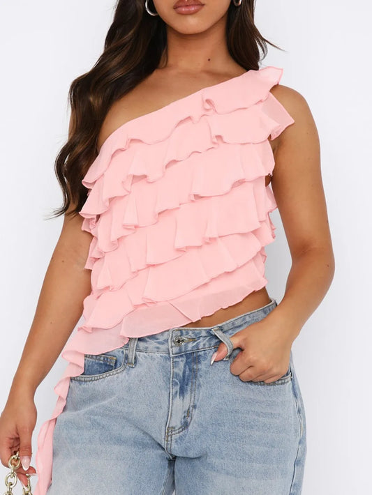 Layered Ruffled One Shoulder Tank Watermelon pink