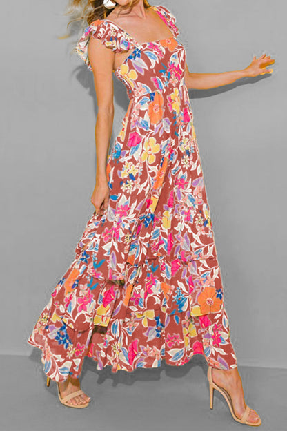 Tiered Ruffled Printed Sleeveless Dress Hot Pink
