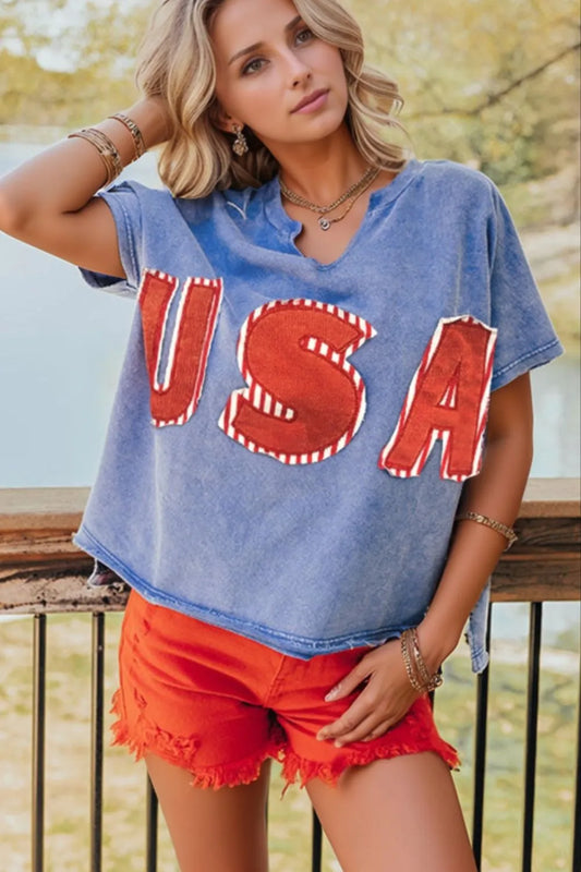 USA Patch Mineral Wash Notched T Shirt Dusty Blue
