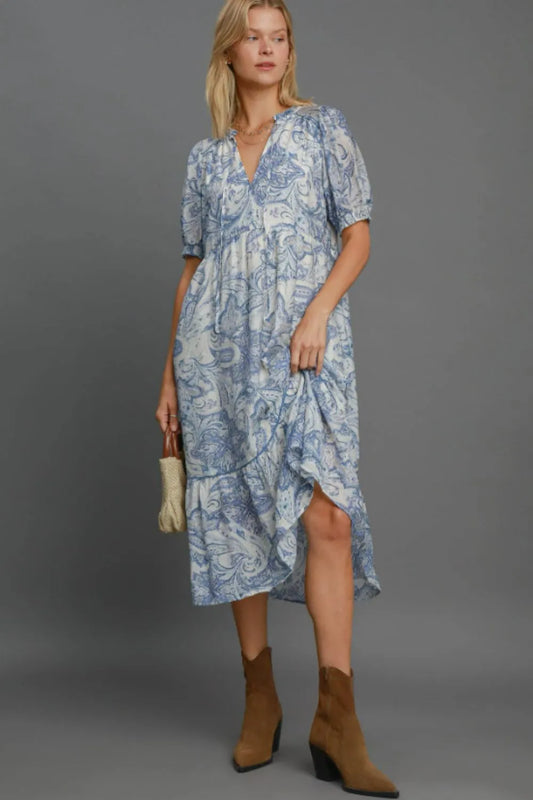 Umgee Full Size Printed Puff Short Sleeve Midi Dress Plus Size BLUE MIX