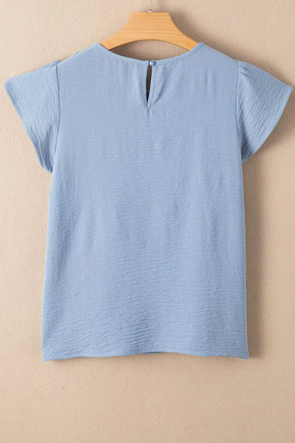 Solid Color Flounce Sleeve Pleated Round Neck Blouse