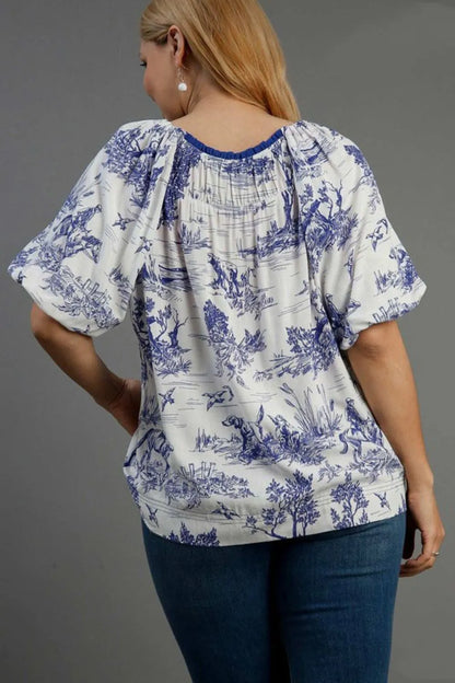 Umgee Full Size Two Tone Landscape Round Neck Print Top Plus Size