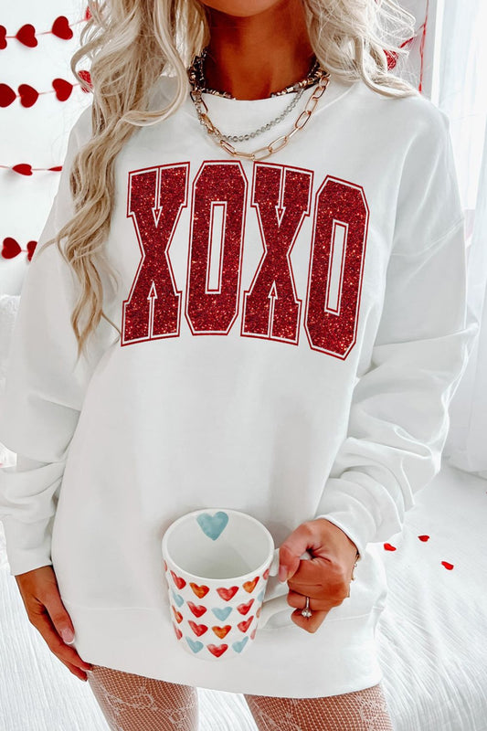 Valentine’s Day XOXO Glitter Round Neck Sweatshirt White