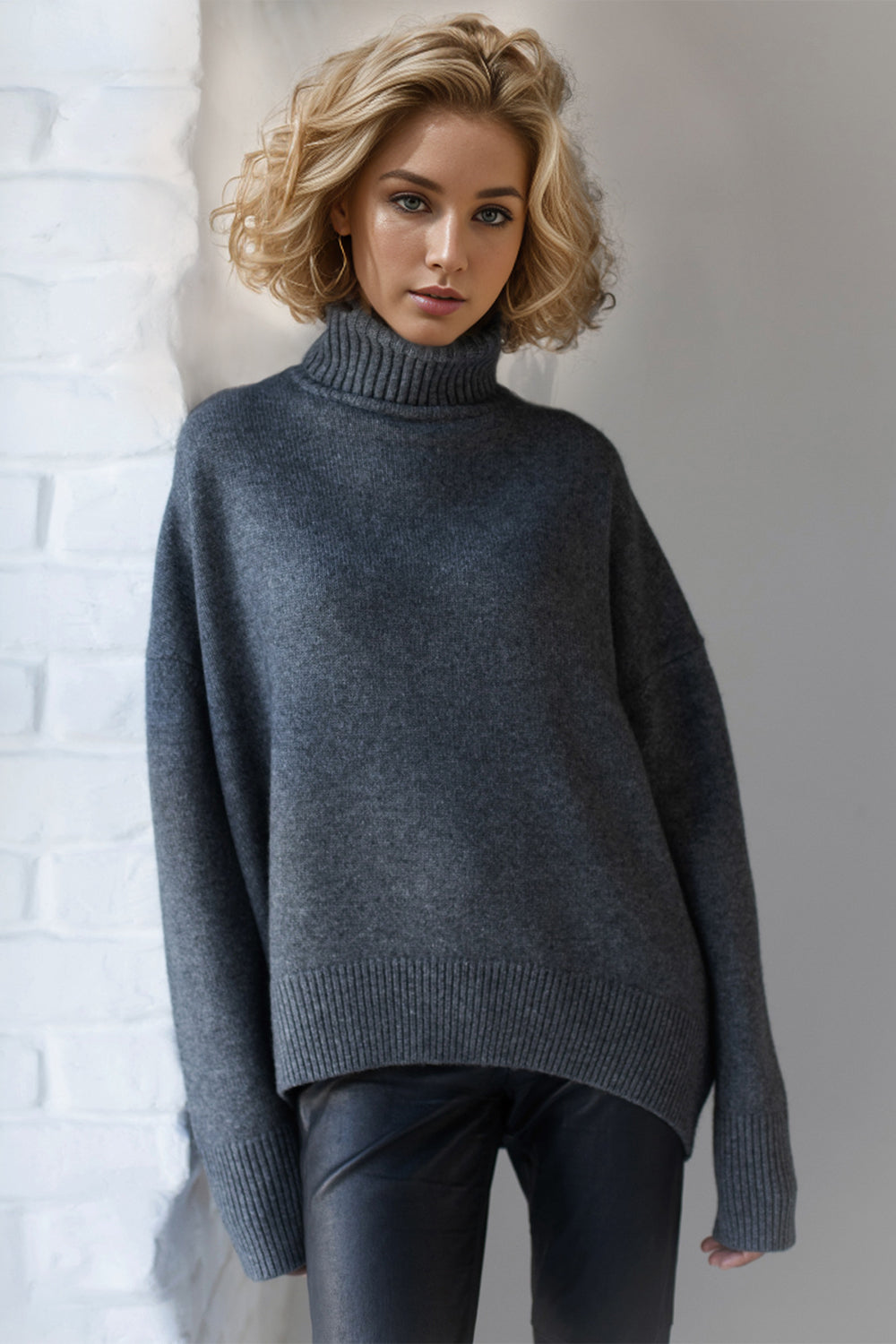 Basic Bae Turtleneck Dropped Shoulder Long Sleeve Sweater Dark Gray One Size