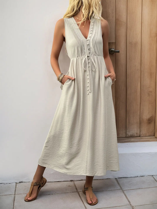 V-Neck Sleeveless Midi Dress Beige