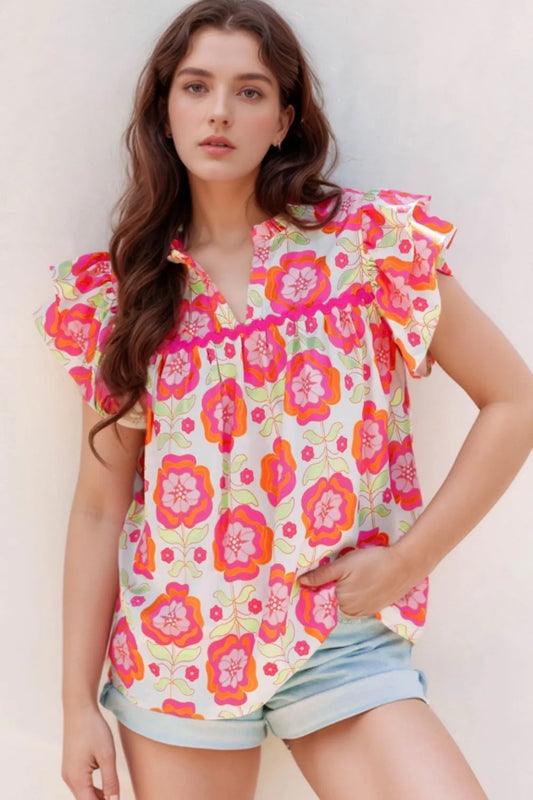 Floral Ruffled Sleeve Ric-Rac Trim Split Neck Loose Blouse