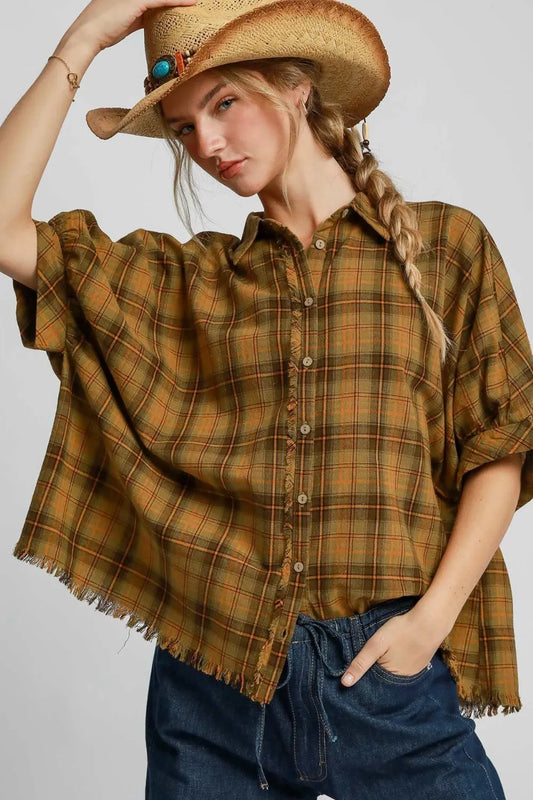 Umgee Full Size Raw Hem Plaid Collared Neck Half Sleeve Shirt Plus Size Mustard