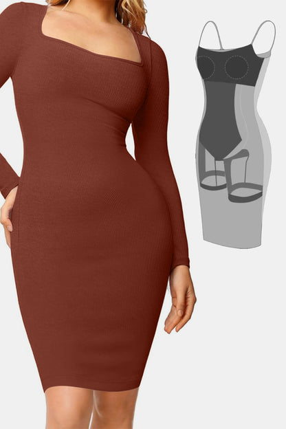 Basic Bae Full Size Built-In Shapewear Square Neck Long Sleeve Dress Dark Brown