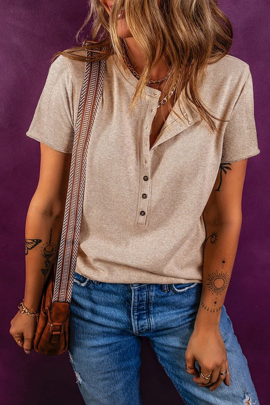 Short Sleeve Half Button Ribbed Knit Top Khaki