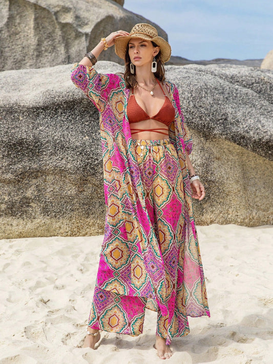 Printed Open Front Cardigan and Pants Set Cerise