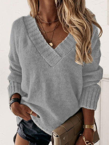 V-Neck Long Sleeve Knit Top Cloudy Blue
