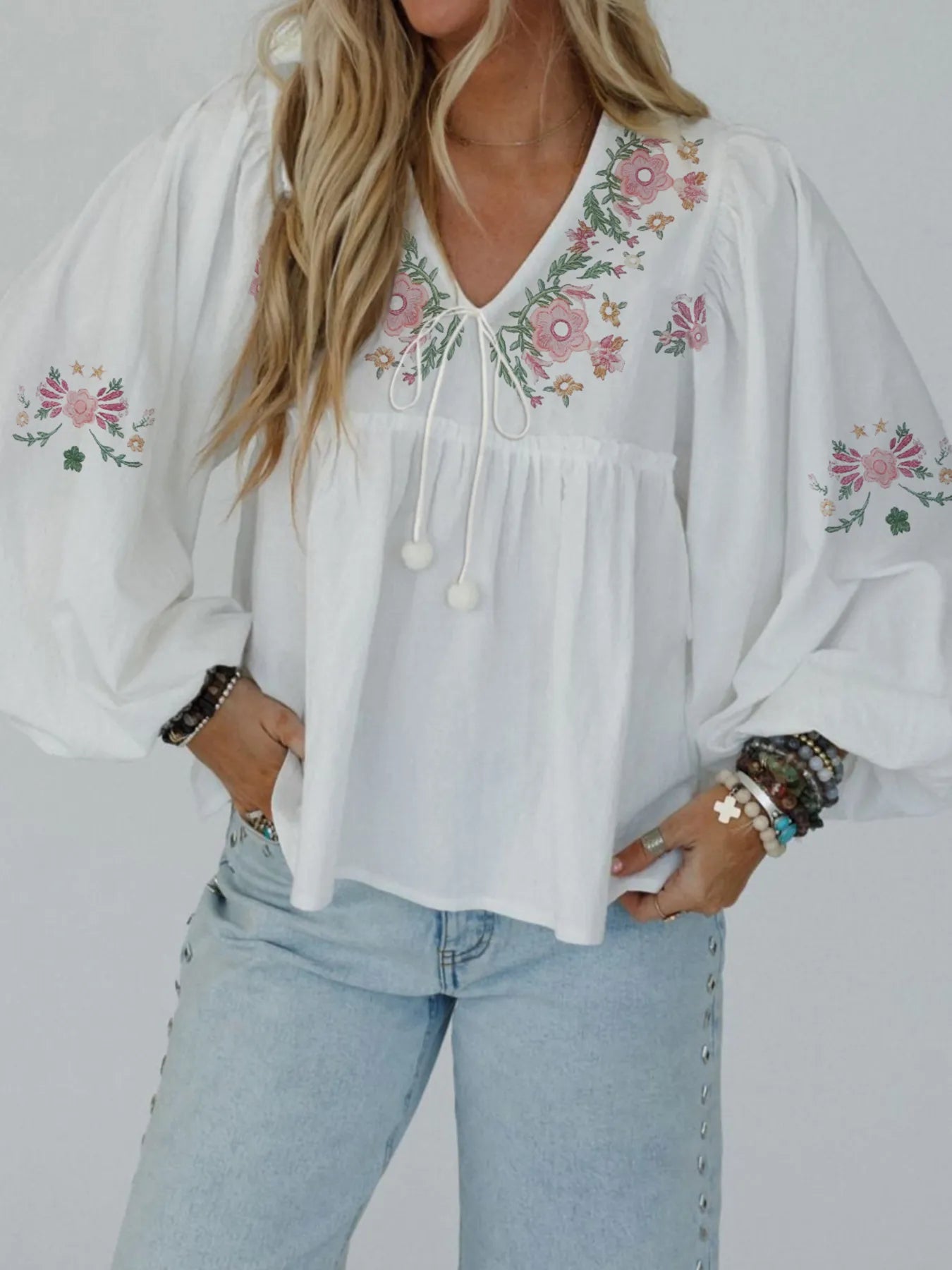 Flower V Neck Babydoll Blouse White