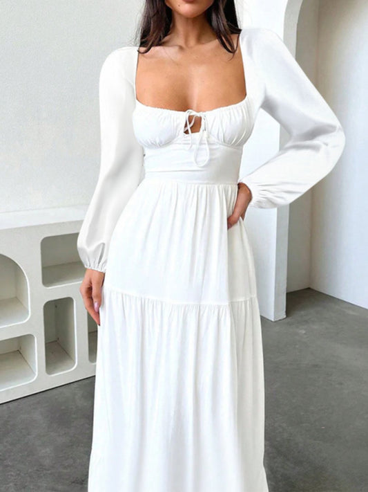 Devine Tie Front Long Sleeve Maxi Dress White