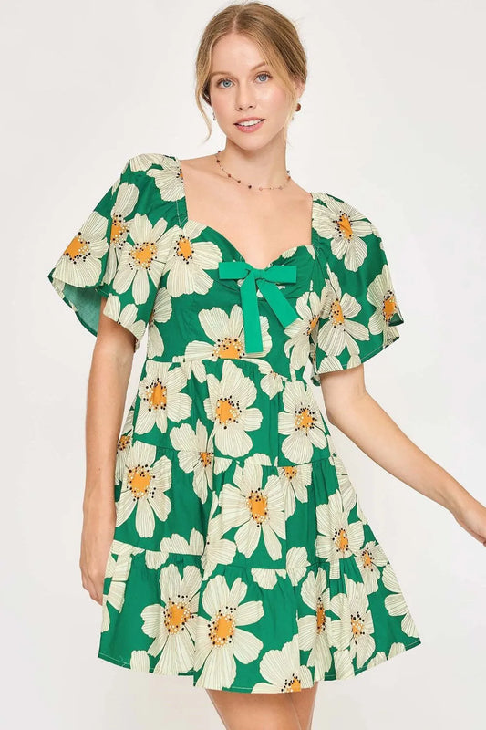 Umgee Full Size Daisy Print Mini Dress with Ribbon Details Plus Size Green