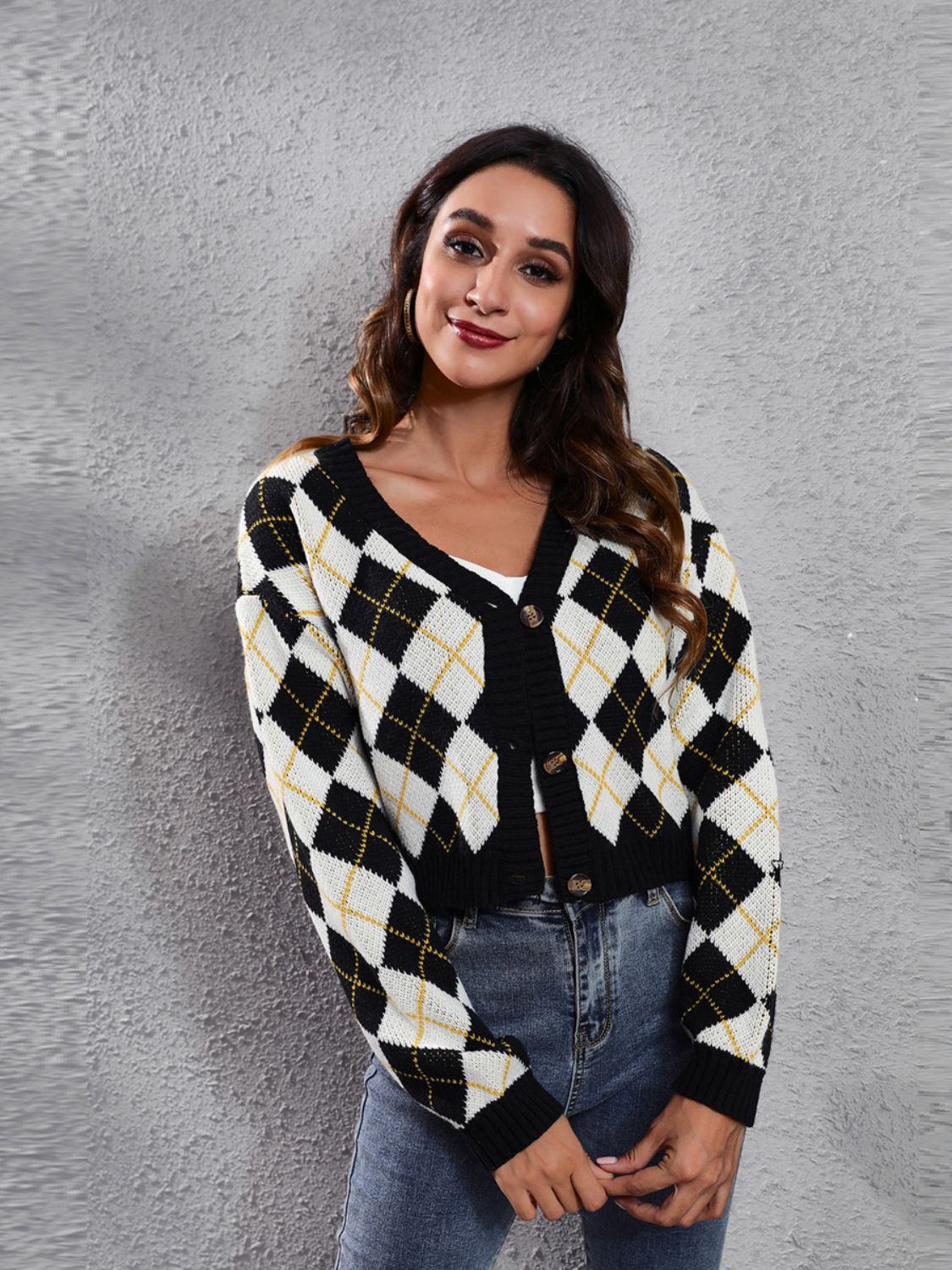 Geometric Button Up Long Sleeve Cardigan Ivory