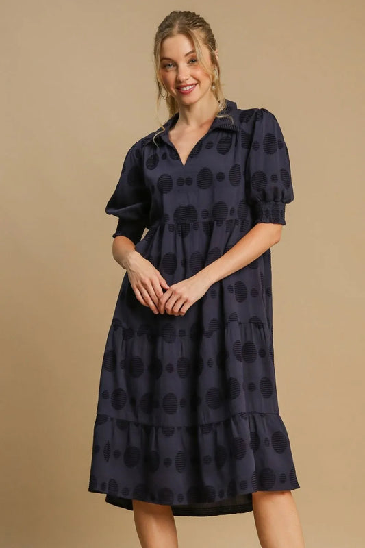 Umgee Full Size Swiss Dot Jacquard Tiered Midi Dress Plus Size Dark Navy