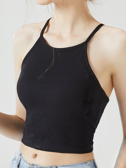 Grecian Neck Cropped Tank with Chest Pads Black