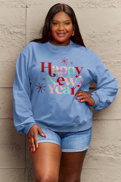 Simply Love Full Size HAPPY NEW YEAR Round Neck Sweatshirt Light Blue