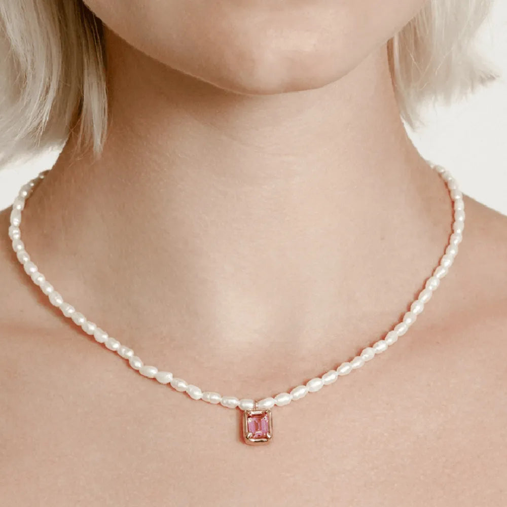 Copper Imitation Pearl Pendant Necklace Pink One Size