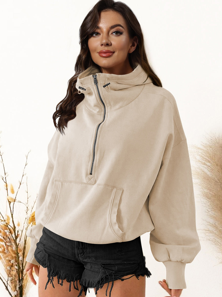 Zip-Up Dropped Shoulder Hoodie Beige