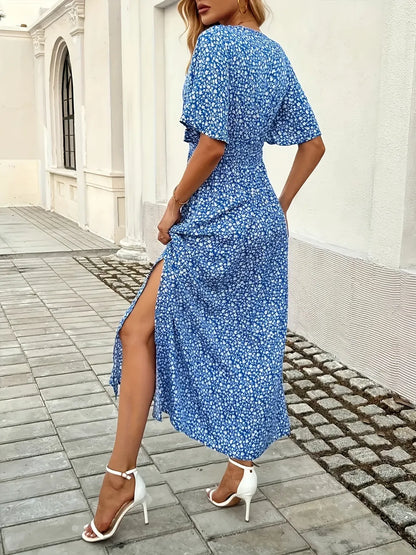 Slit Ditsy Floral Surplice Short Sleeve Maxi Dress