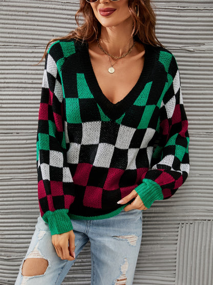 Angel Wings Checkered V-Neck Lantern Sleeve Sweater Black