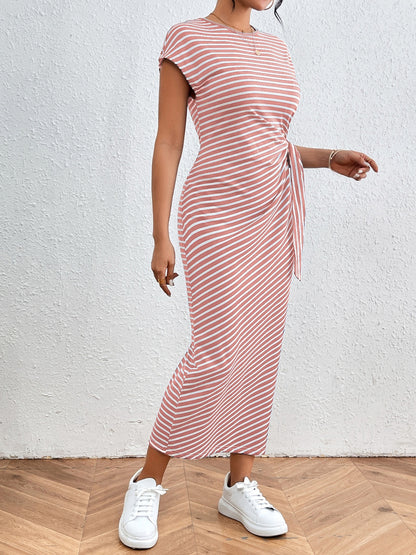 Honey Tied Striped Round Neck Short Sleeve Tee Dress Blush Pink