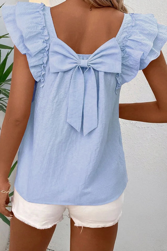Bow Back Ruffled Cap Sleeve Blouse Light Blue