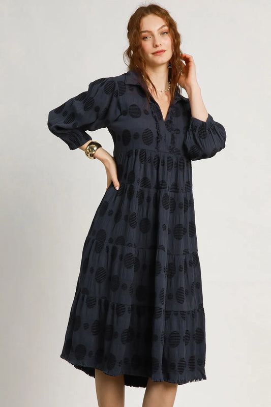 Umgee Full Size Solid Dotted Jacquard Midi Dress Plus Size Dark Navy