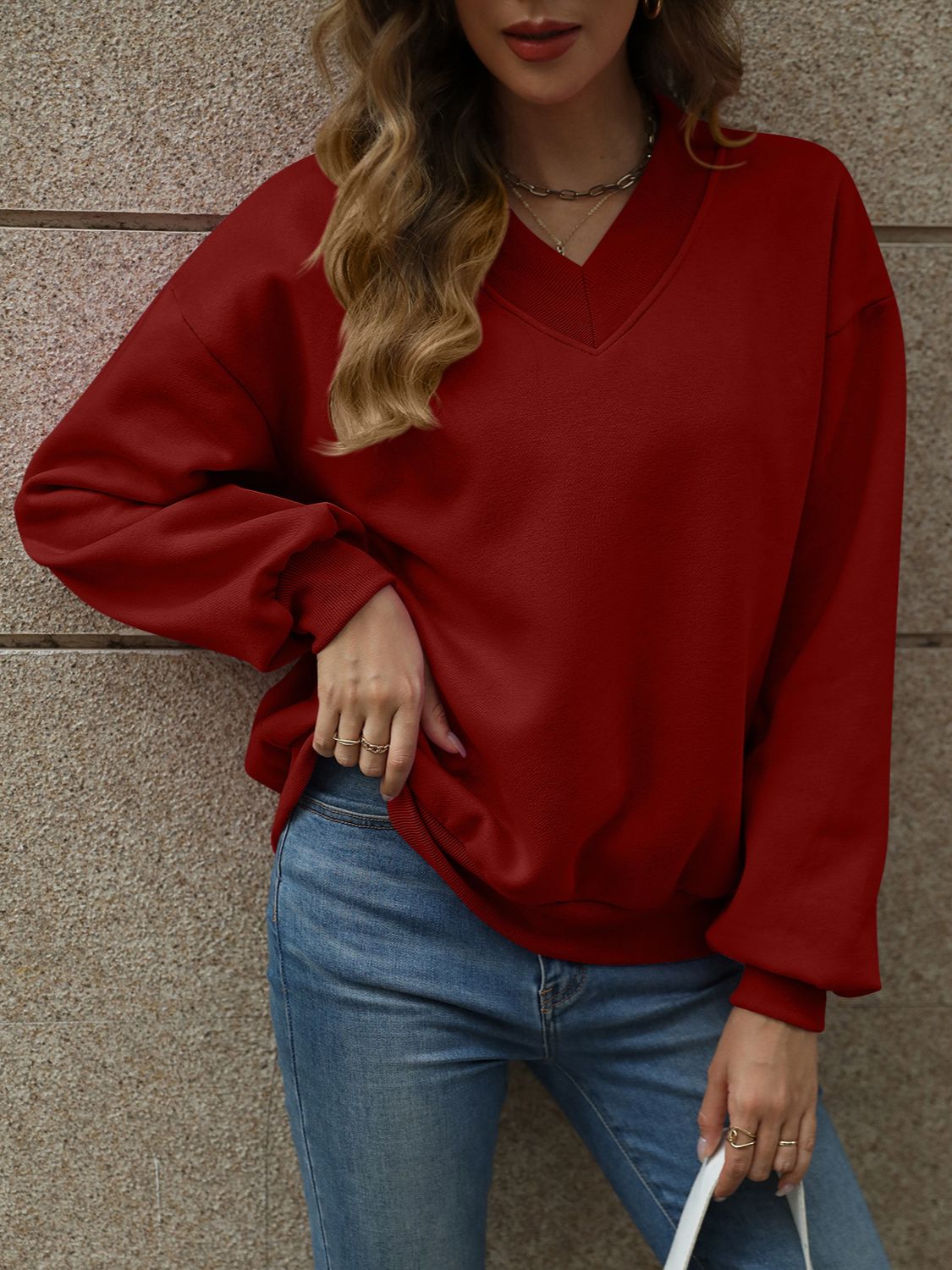 V-Neck Long Sleeve Dropped Shoulder Sweatshirt Burgundy