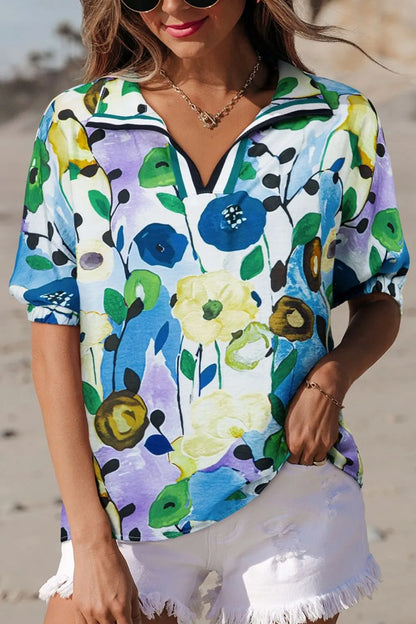 Floral Print Short Sleeve Blouse Light Blue