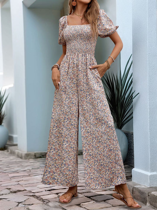 Perfee Ditsy Floral Smocked Square Neck Puff Sleeve Jumpsuit Dusty Pink