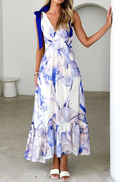 Printed V-Neck Tie Shoulder Midi Cami Dress