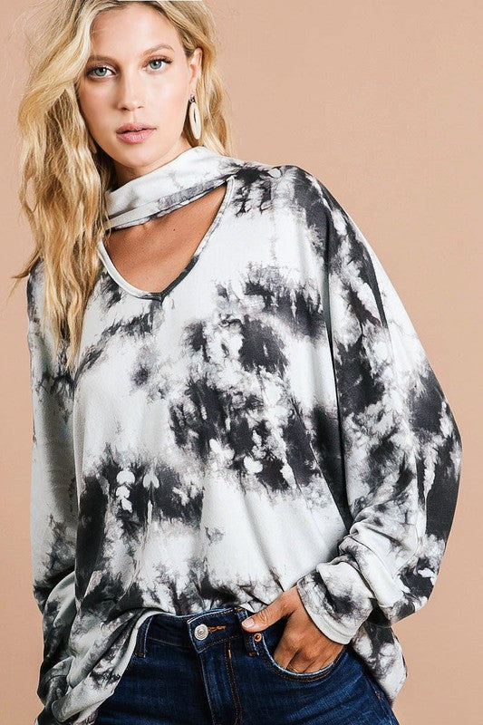 BiBi Tie Dye Cutout Batwing Sleeve Top CHARCOAL