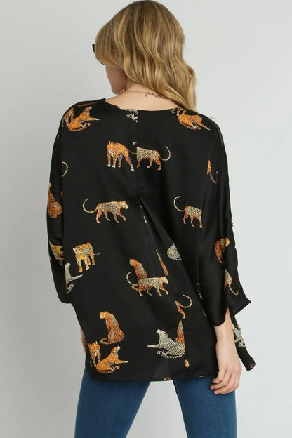 Umgee Full Size High-Low Satin Animal Print V-Neck Blouse Plus Size